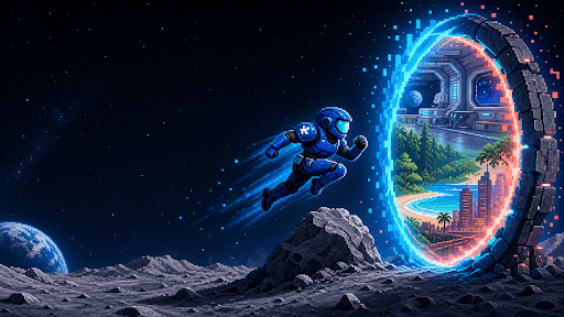 Jean Claude the spacer is jumping from a world to another via a teleport portal
