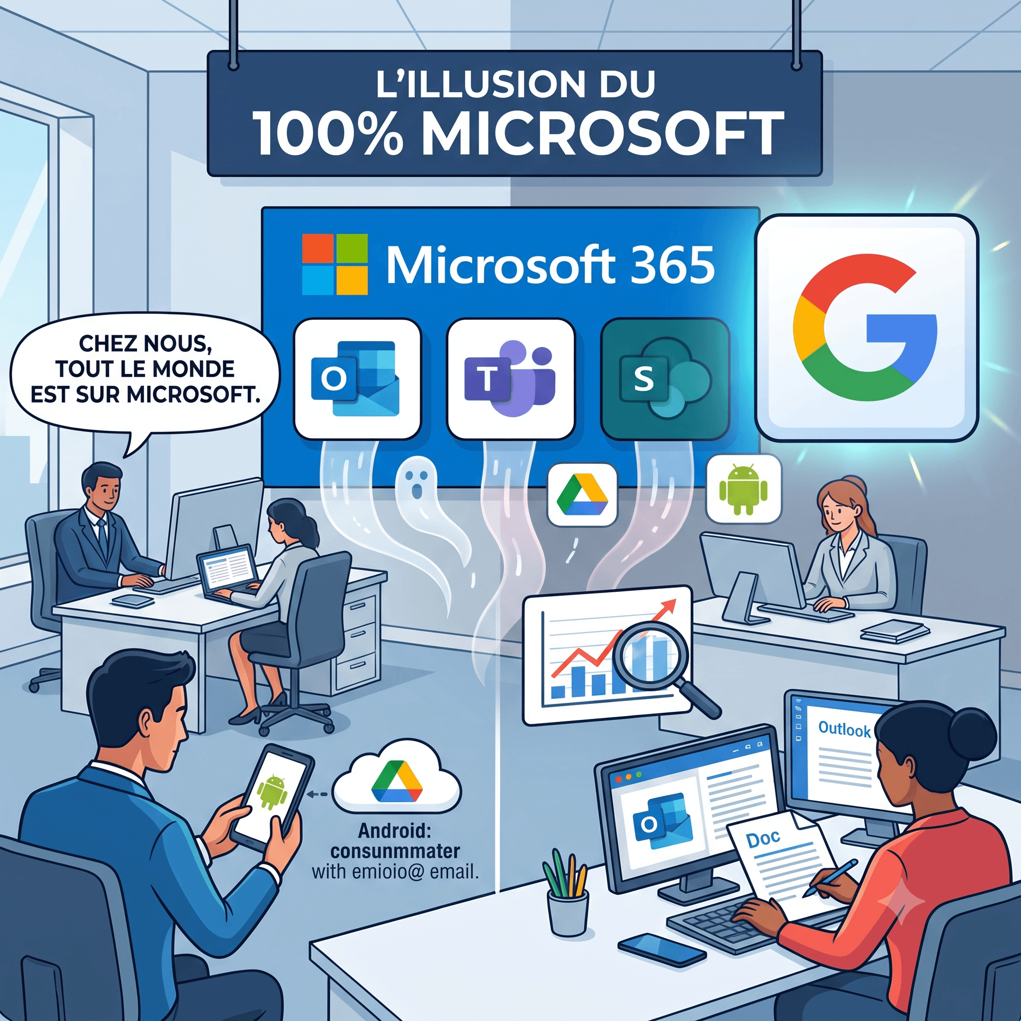 people in office with microsoft and google logos and text